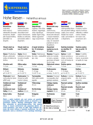 Słonecznik zwyczajny Hohe Riesen - Nasiona - Kiepenkerl tył