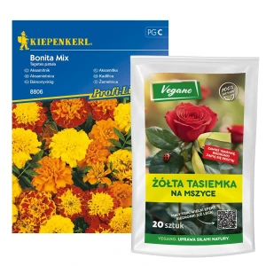 Zestaw Żółte tasiemki na mszyce 20 szt. + nasiona Aksamitka Bonita – ekologiczna ochrona roślin – Vegano
