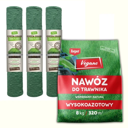 Zestaw trawa na rolce Vegano Green Grass 12 m² + nawóz wysokoazotowy Vegano 8 kg – szybki start i zagęszczenie trawnika.webp