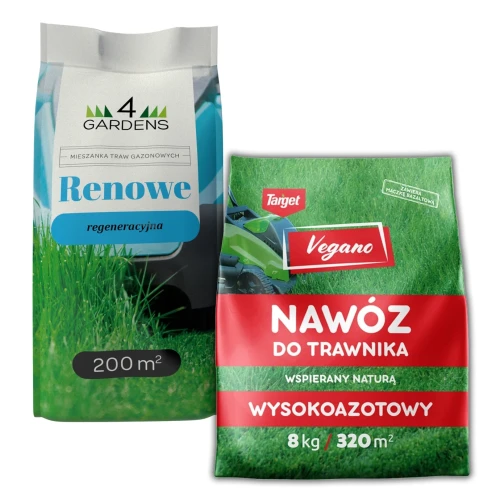 Zestaw trawa samozagęszczająca Renowe 5 kg + nawóz wysokoazotowy Vegano 8 kg – regeneracja i zagęszczenie trawnika.webp