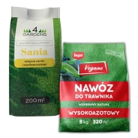 Zestaw trawa samozagęszczająca Sania 5 kg + nawóz wysokoazotowy Vegano 8 kg – trawnik na suszę i słońce.webp