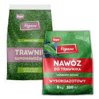 Zestaw trawa samonawożąca Vegano 4 kg + nawóz wysokoazotowy Vegano 8 kg – zielony trawnik bez ciągłego nawożenia.webp