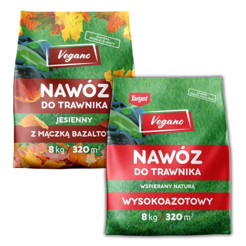 Zestaw nawóz wysokoazotowy Vegano 8 kg + nawóz jesienny Vegano 8 kg – całoroczna pielęgnacja trawnika.webp