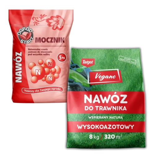 Zestaw nawóz wysokoazotowy Vegano 8 kg + mocznik 5 kg – szybkie zagęszczenie i mocny wzrost trawnika.webp