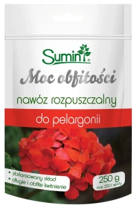 Nawóz do pelargonii Moc Obfitości rozpuszczalny – 250 g – bujne kwitnienie i intensywne kolory – Sumin