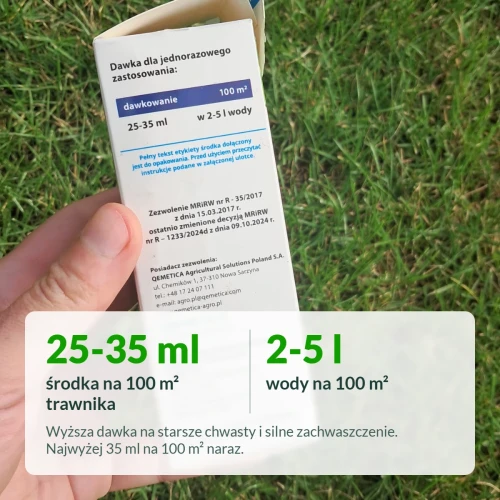 Chwastox Complex: dawka 25-35 ml na 100 m² trawnika