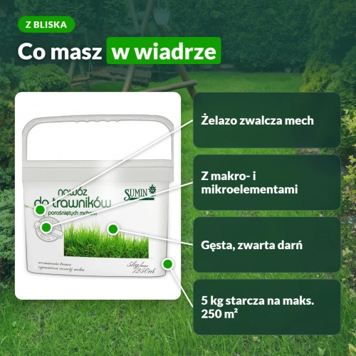 Sumin nawóz do trawników z mchem 5 kg: żelazo na mech, starcza na 250 m²