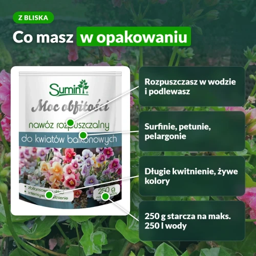 Moc Obfitości do kwiatów balkonowych 250 g: starcza na 250 l wody