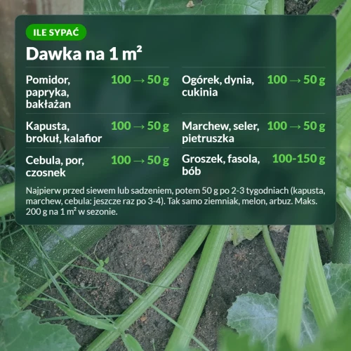 Granulowany nawóz do pomidorów Sumin: dawka na 1 m² dla warzyw, maks. 200 g