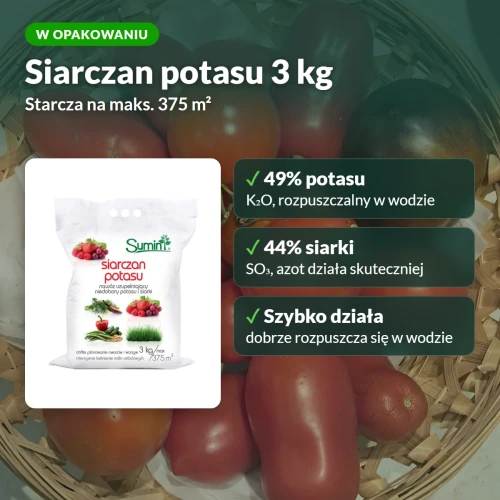 Siarczan potasu Sumin: 49% potasu, 44% siarki, na ile m² wystarcza opakowanie