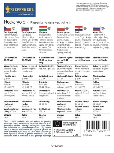 Fasola Tyczna 'Neckargold' – Żółta – Nasiona – Kiepenkerl - tył
