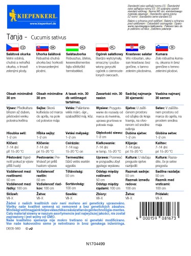 Ogórek Szklarniowy 'Tanja' – Nasiona – Kiepenkerl - tył