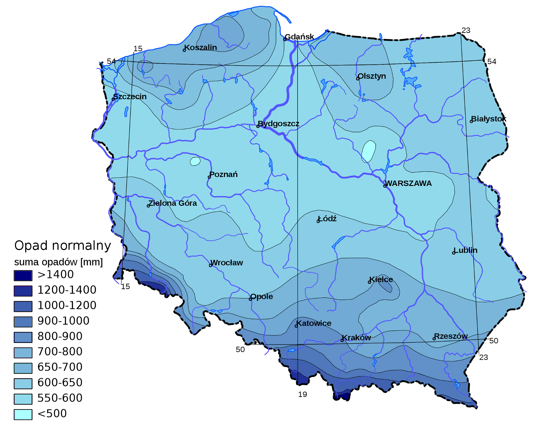 Roczna suma opadów w Polsce